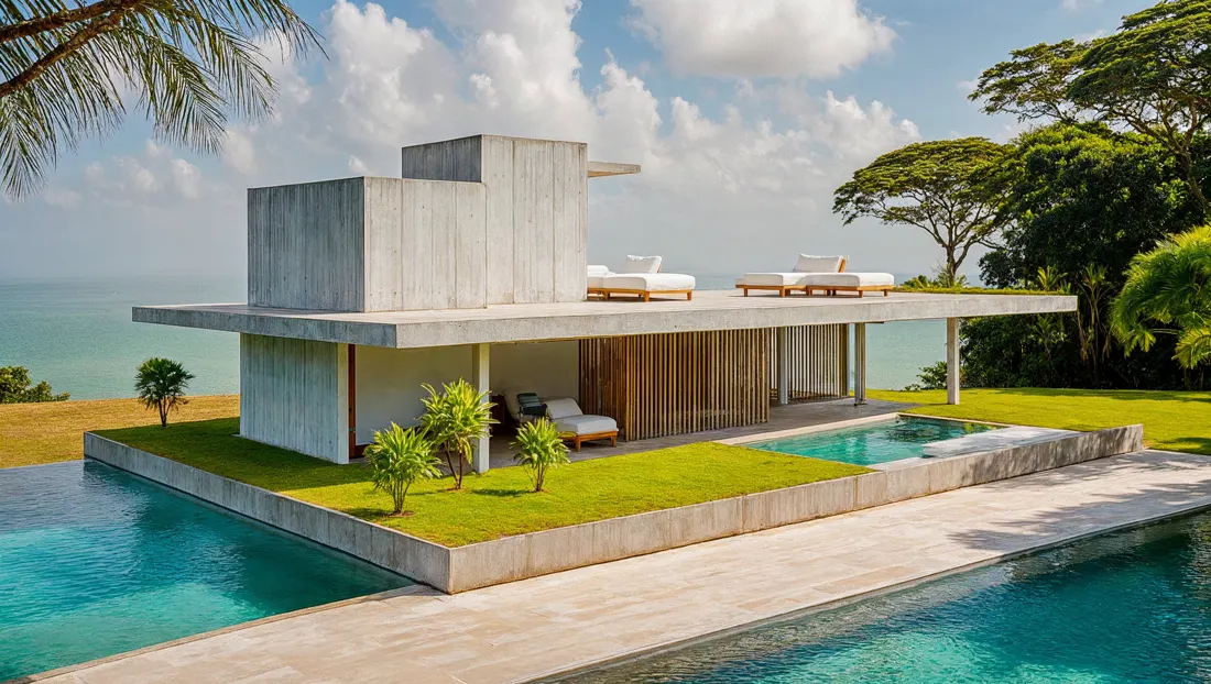 Casa Lajedo vista do jardim, com a piscina em primeiro plano.