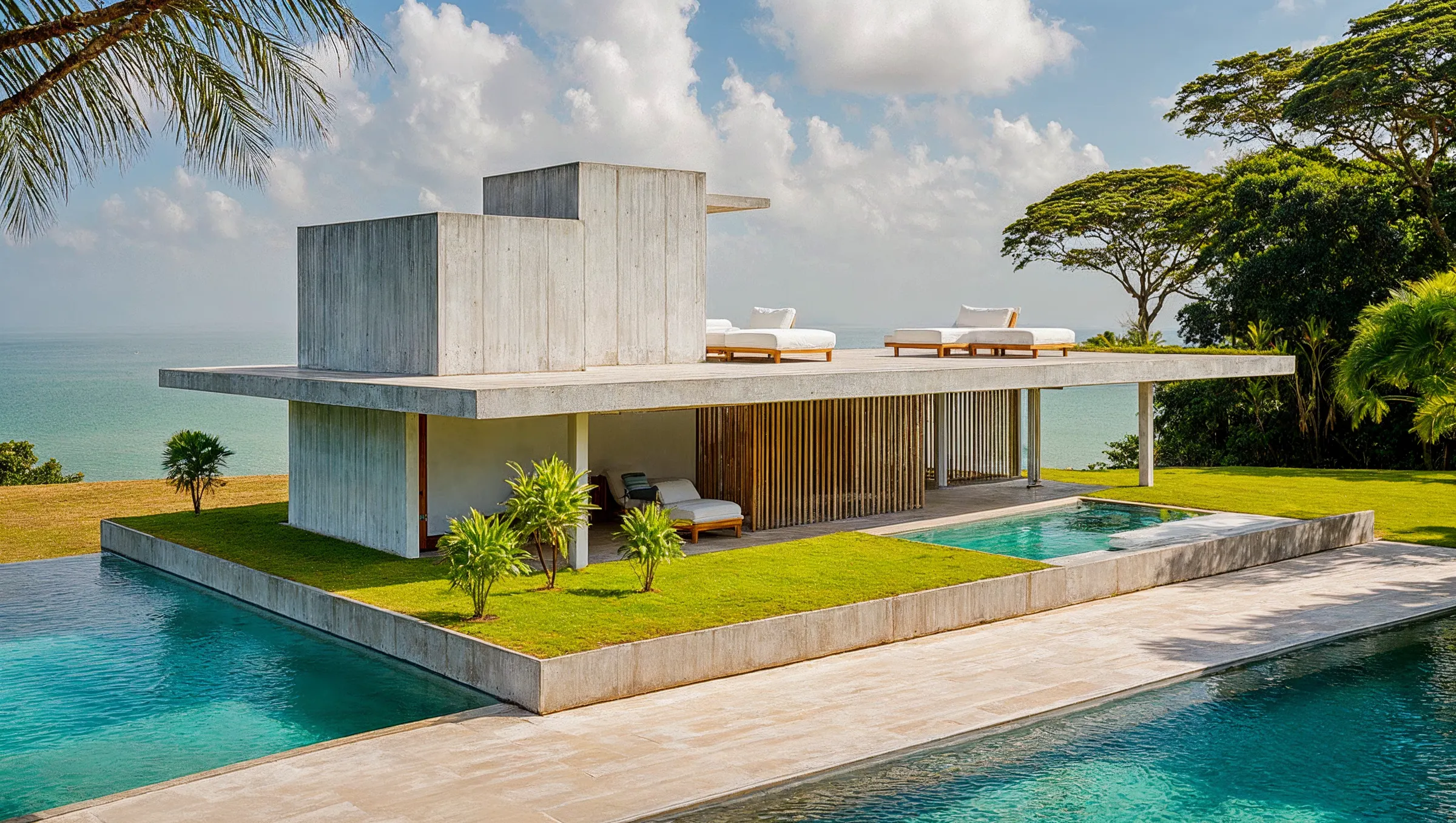 A mesma casa construída: laje de concreto aparente sobre pilares, brise de cumaru, piscina e jardim tropical.