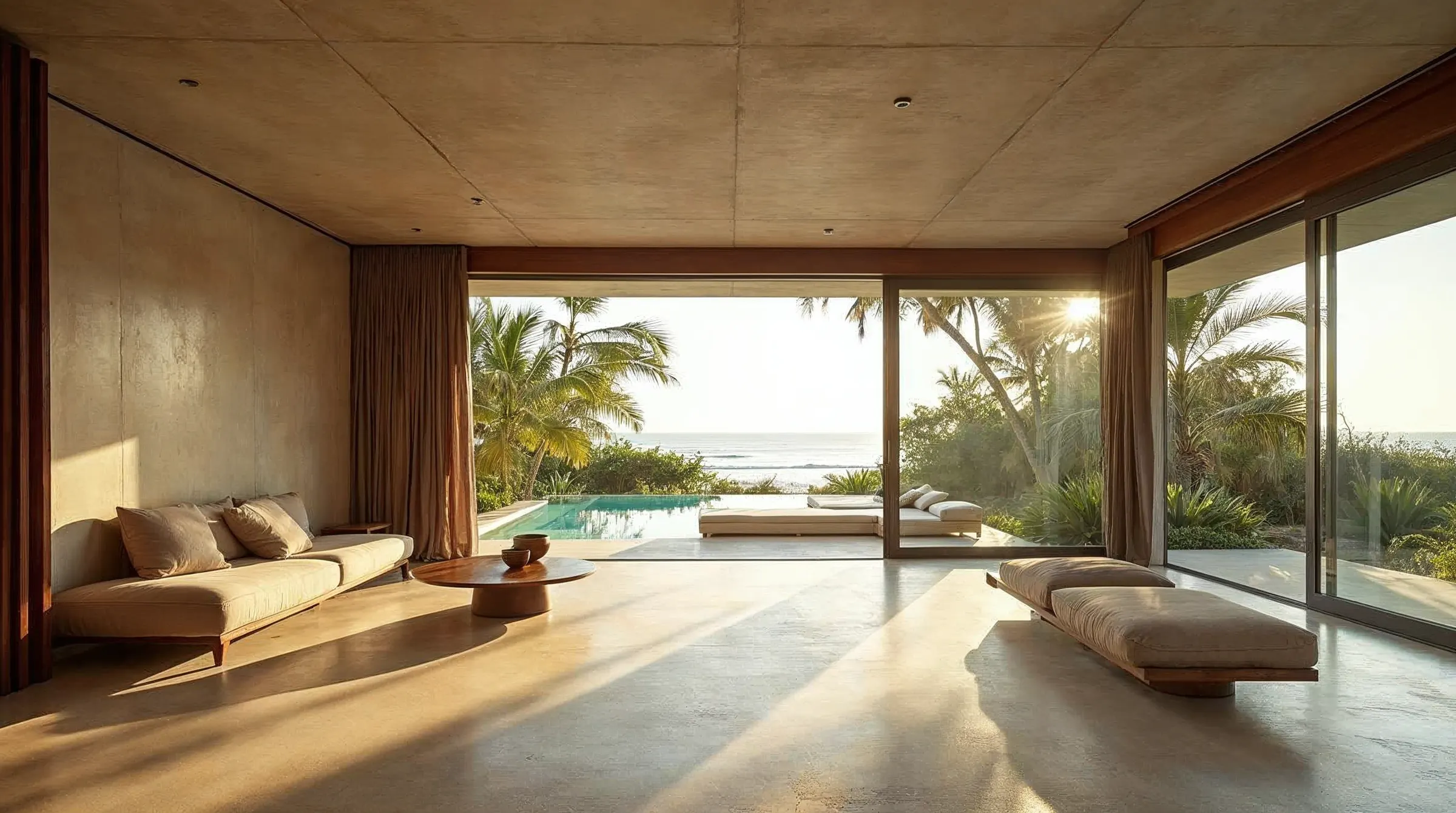 Sala da casa com teto de concreto, piso claro e grandes portas de vidro abertas para a piscina e o mar.