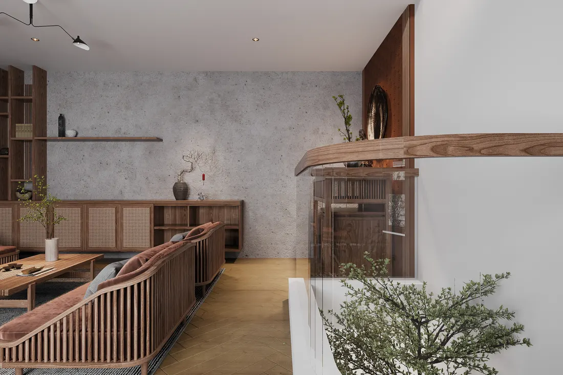 Sala de apartamento com marcenaria de madeira, paredes de cimento queimado e sofá de palhinha.