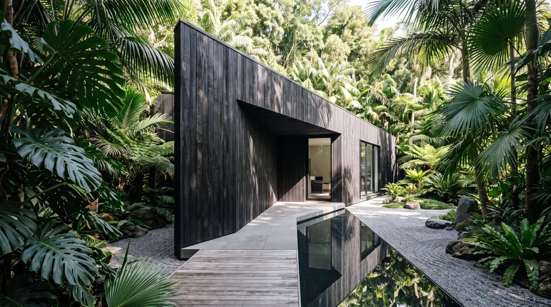 Pavilhão de madeira escura no meio da mata, com passarela de madeira e espelho d'água.